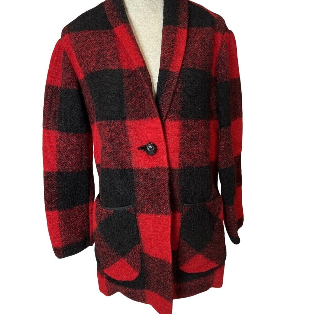 Wilfred Free Red & Black Buffalo Plaid Wool-Blend Open Blazer Coat Pockets size
